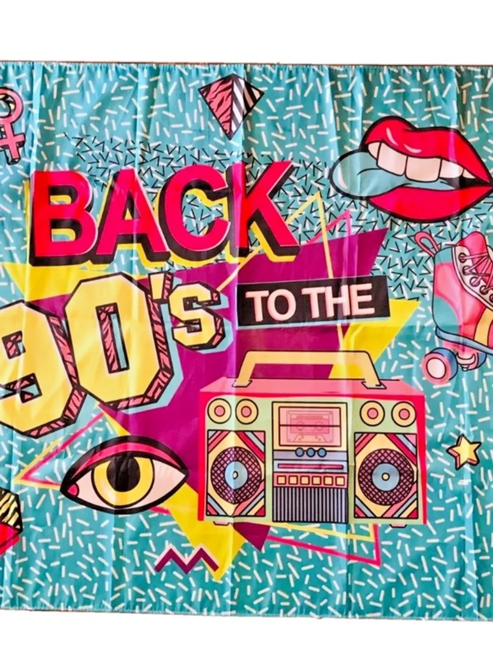 Retro 90's Party Backdrop Curtain - Teal Pink Yellow 70 × 43.5